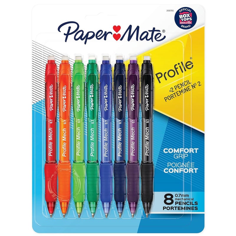 Paper Mate قلم رصاص ميكانيكي بيبر ميت بروفايل 0.7 مم #2 رصاص ممتاز لمستلزمات المكتب ومستلزمات الفصول الدراسية وأقلام الرسم وأقلام التخطيط بألوان أسطوانية متنوعة 8 قطع - Image 1